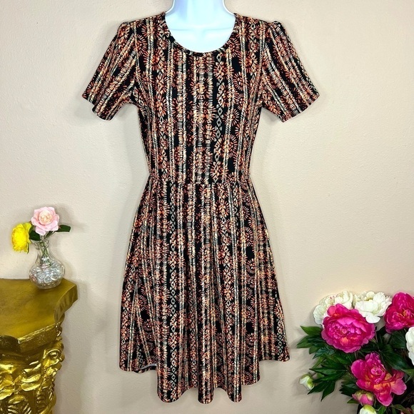 S LuLaRoe Short Sleeve Dress Fit & Flare Black & Orange Stretch Small - Picture 1 of 7